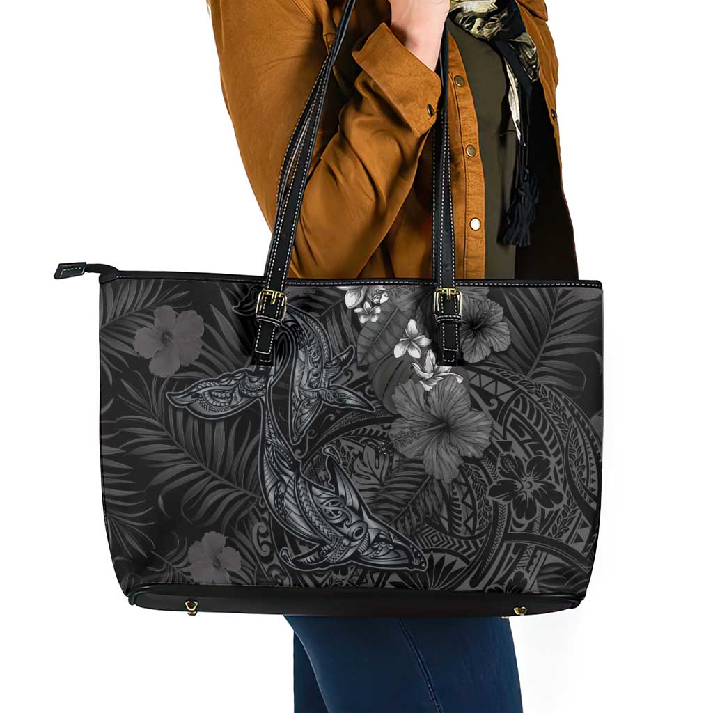 Hawaiian Tropical Plants and Tribal Whales Leather Tote Bag Polynesian Art Tattoo Grayscale