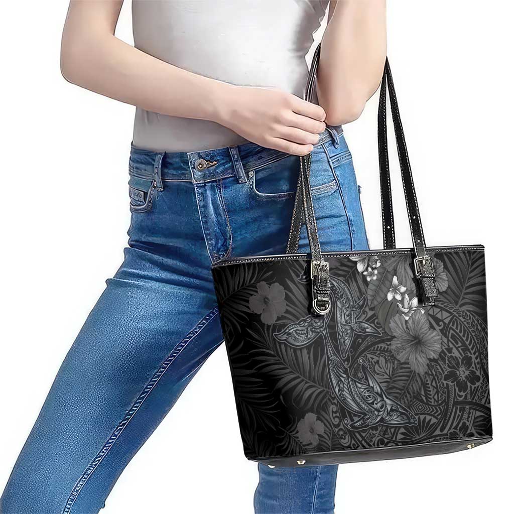 Hawaiian Tropical Plants and Tribal Whales Leather Tote Bag Polynesian Art Tattoo Grayscale