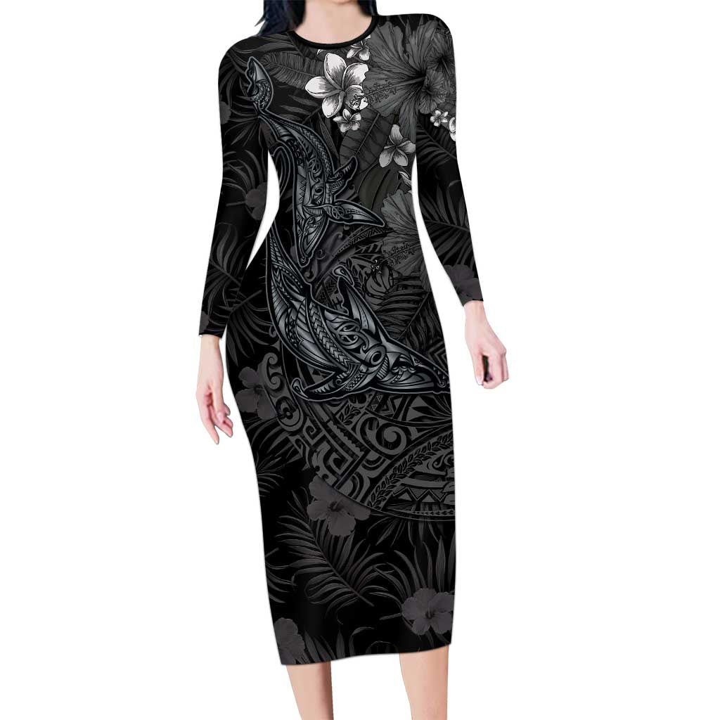 Hawaiian Tropical Plants and Tribal Whales Long Sleeve Bodycon Dress Polynesian Art Tattoo Grayscale LT03 Long Dress Black - Polynesian Pride