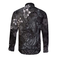 Hawaiian Tropical Plants and Tribal Whales Long Sleeve Button Shirt Polynesian Art Tattoo Grayscale