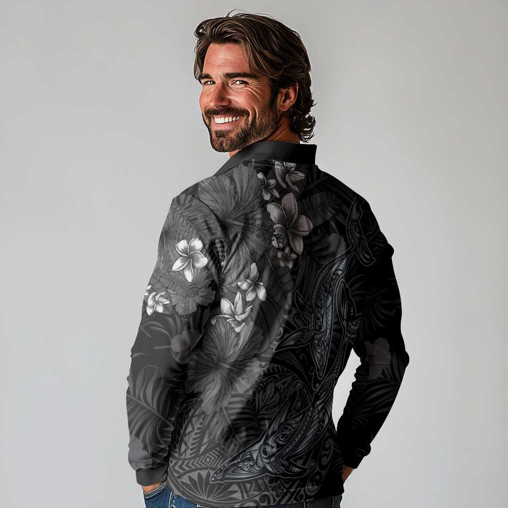 Hawaiian Tropical Plants and Tribal Whales Long Sleeve Polo Shirt Polynesian Art Tattoo Grayscale