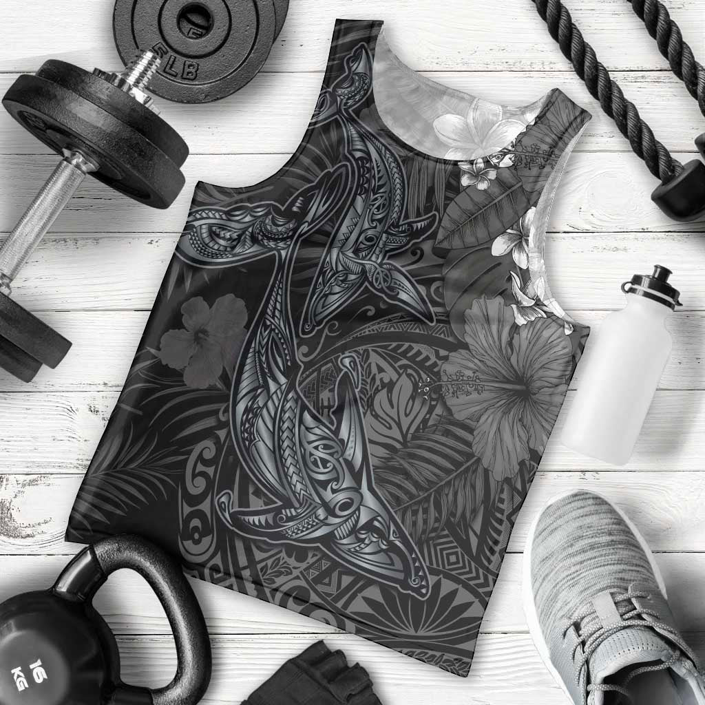 Hawaiian Tropical Plants and Tribal Whales Men Tank Top Polynesian Art Tattoo Grayscale