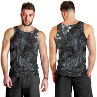 Hawaiian Tropical Plants and Tribal Whales Men Tank Top Polynesian Art Tattoo Grayscale