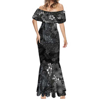 Hawaiian Tropical Plants and Tribal Whales Mermaid Dress Polynesian Art Tattoo Grayscale