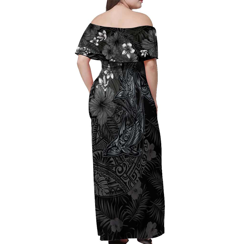Hawaiian Tropical Plants and Tribal Whales Off Shoulder Maxi Dress Polynesian Art Tattoo Grayscale
