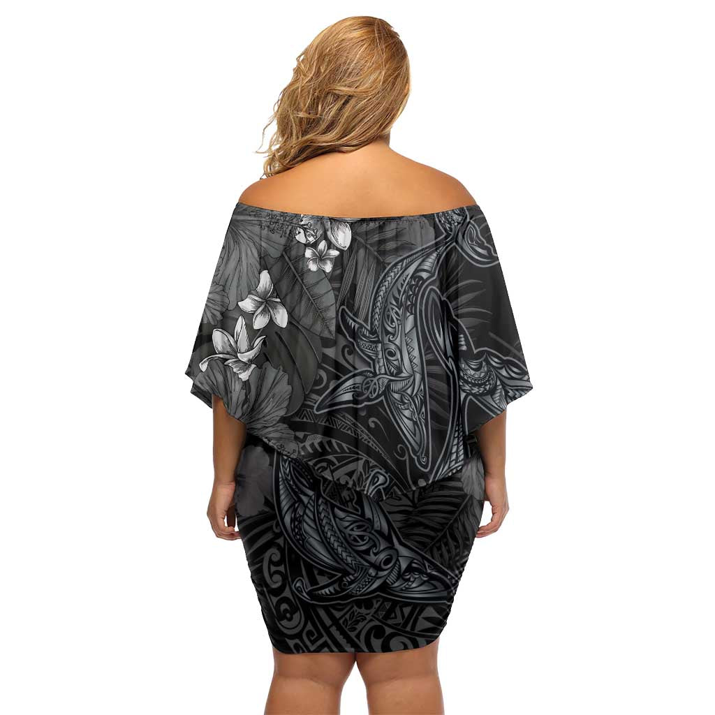 Hawaiian Tropical Plants and Tribal Whales Off Shoulder Short Dress Polynesian Art Tattoo Grayscale