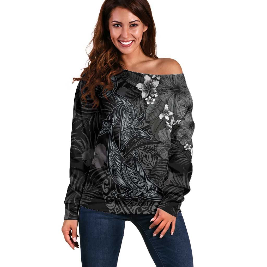 Hawaiian Tropical Plants and Tribal Whales Off Shoulder Sweater Polynesian Art Tattoo Grayscale