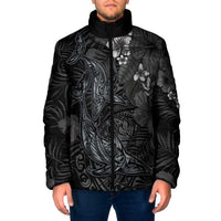 Hawaiian Tropical Plants and Tribal Whales Padded Jacket Polynesian Art Tattoo Grayscale