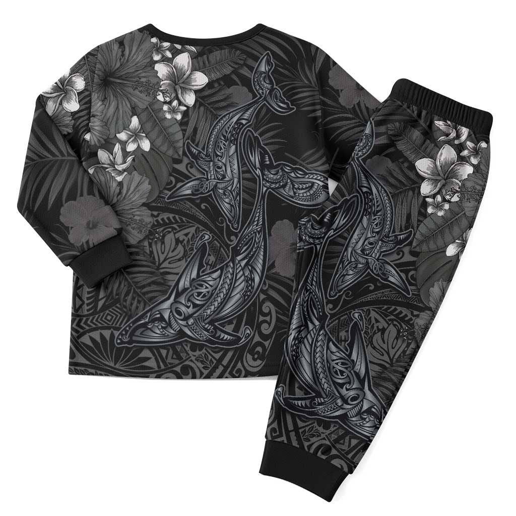 Hawaiian Tropical Plants and Tribal Whales Christmas Pajama Set Polynesian Art Tattoo Grayscale