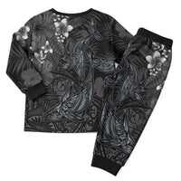 Hawaiian Tropical Plants and Tribal Whales Christmas Pajama Set Polynesian Art Tattoo Grayscale