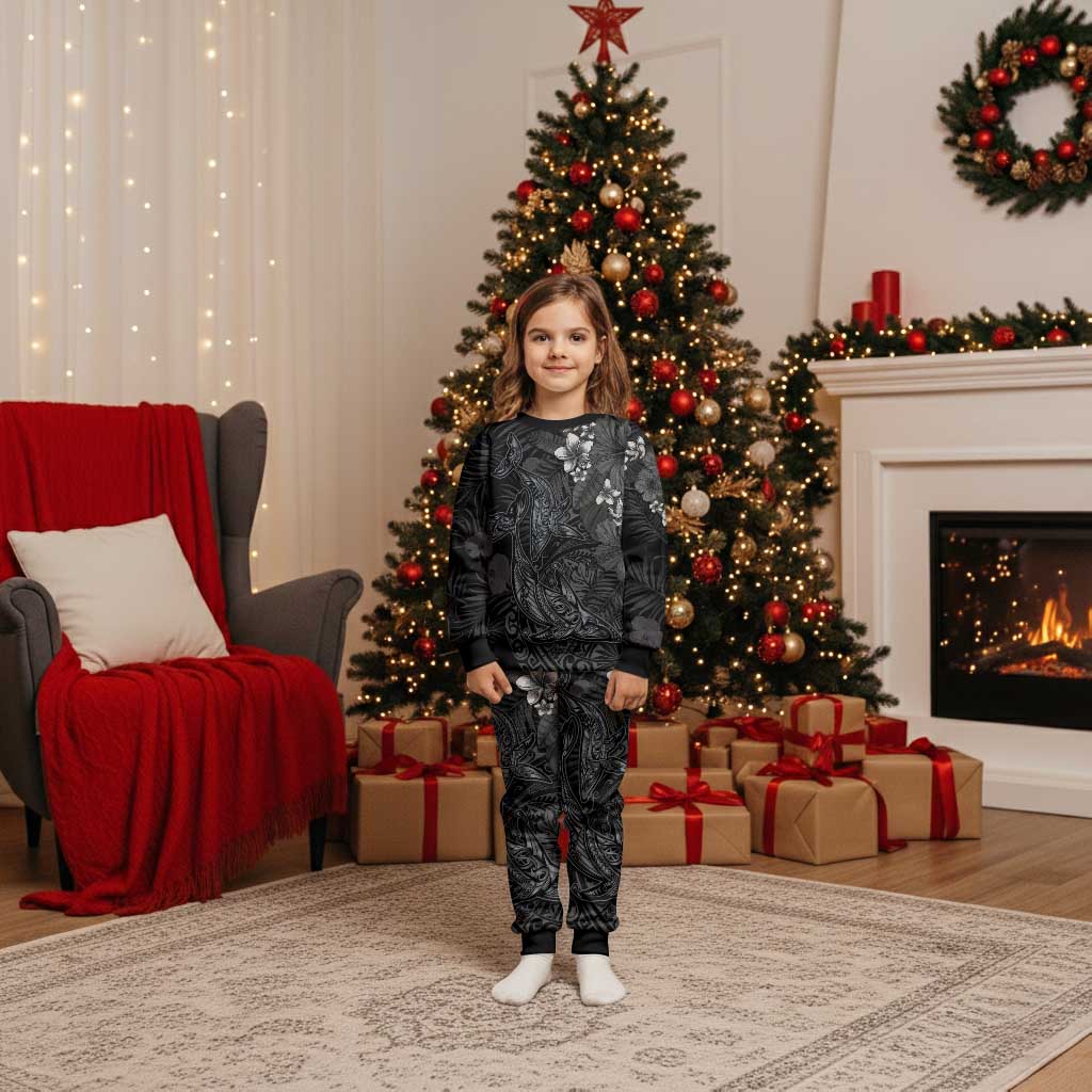 Hawaiian Tropical Plants and Tribal Whales Christmas Pajama Set Polynesian Art Tattoo Grayscale
