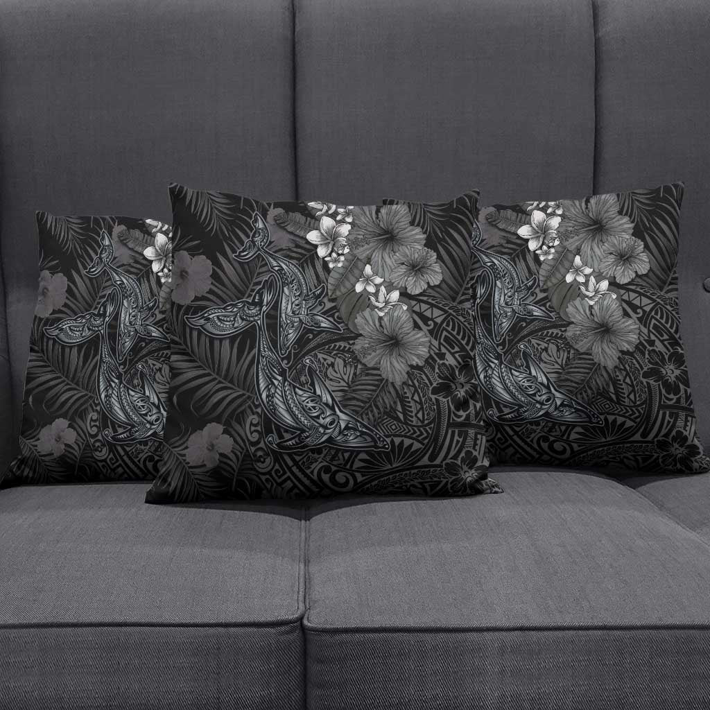 Hawaiian Tropical Plants and Tribal Whales Pillow Cover Polynesian Art Tattoo Grayscale