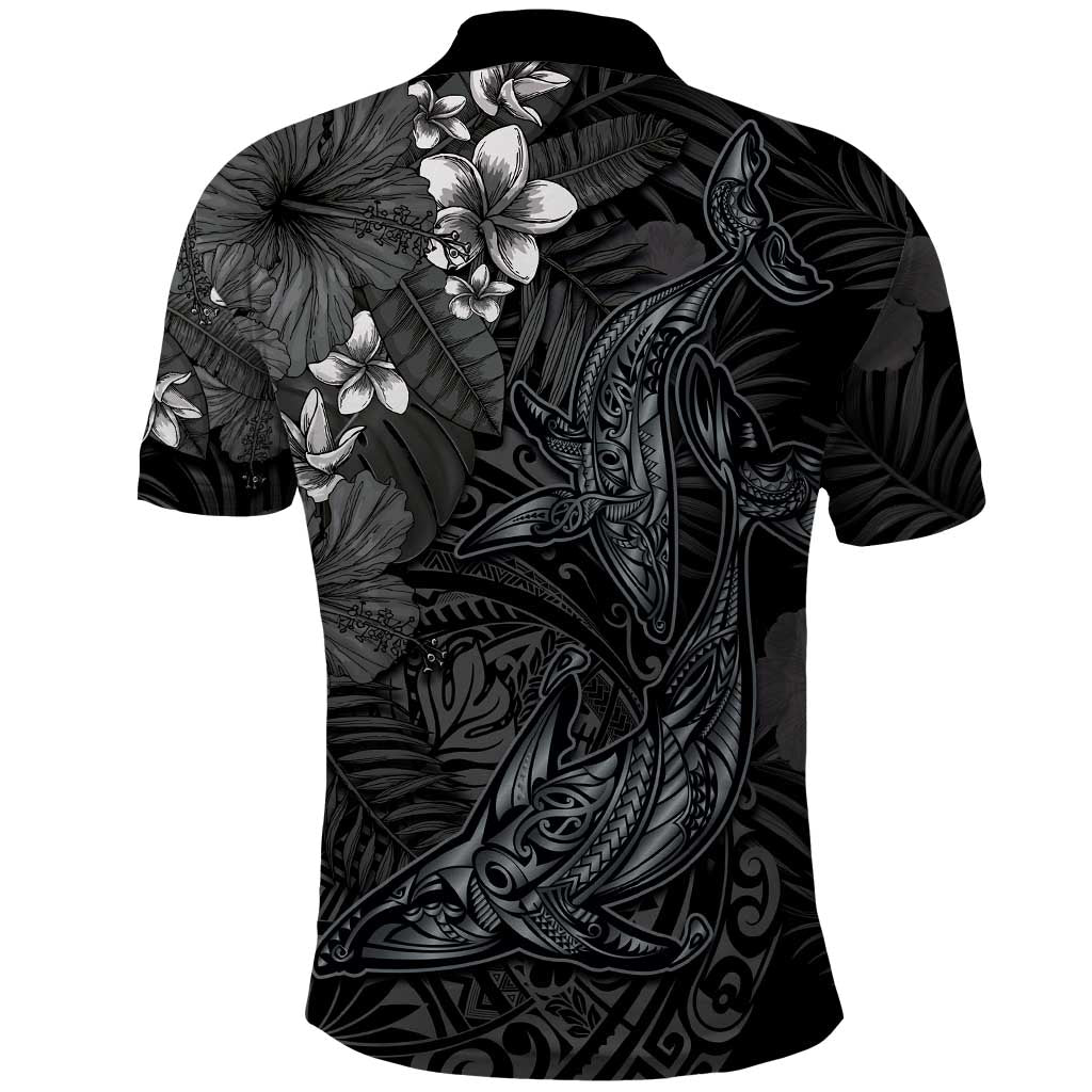 Hawaiian Tropical Plants and Tribal Whales Polo Shirt Polynesian Art Tattoo Grayscale