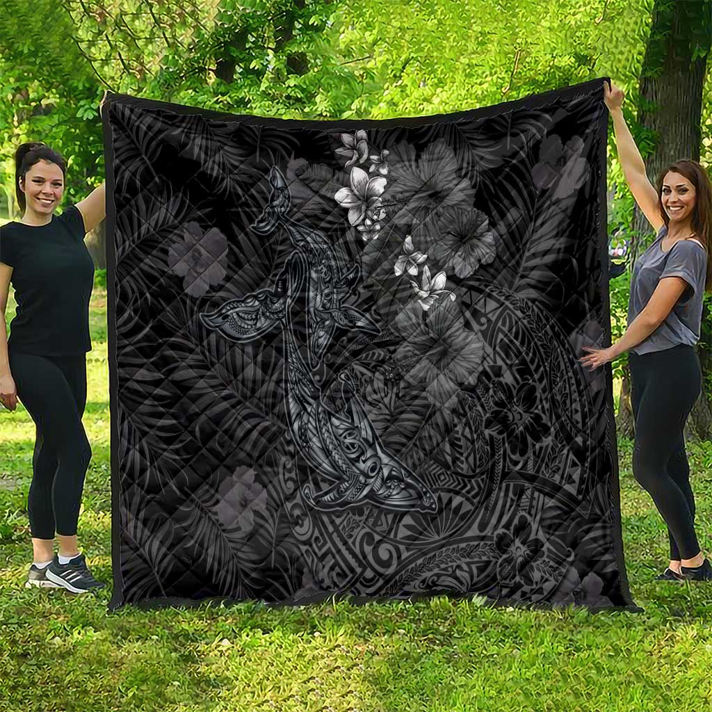 Hawaiian Tropical Plants and Tribal Whales Quilt Polynesian Art Tattoo Grayscale