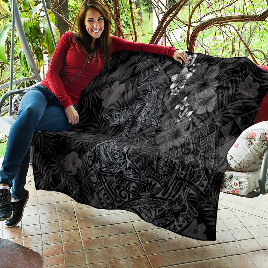 Hawaiian Tropical Plants and Tribal Whales Quilt Polynesian Art Tattoo Grayscale