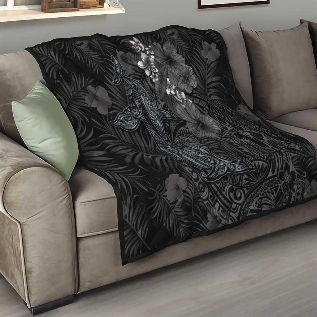 Hawaiian Tropical Plants and Tribal Whales Quilt Polynesian Art Tattoo Grayscale