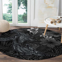 Hawaiian Tropical Plants and Tribal Whales Round Carpet Polynesian Art Tattoo Grayscale