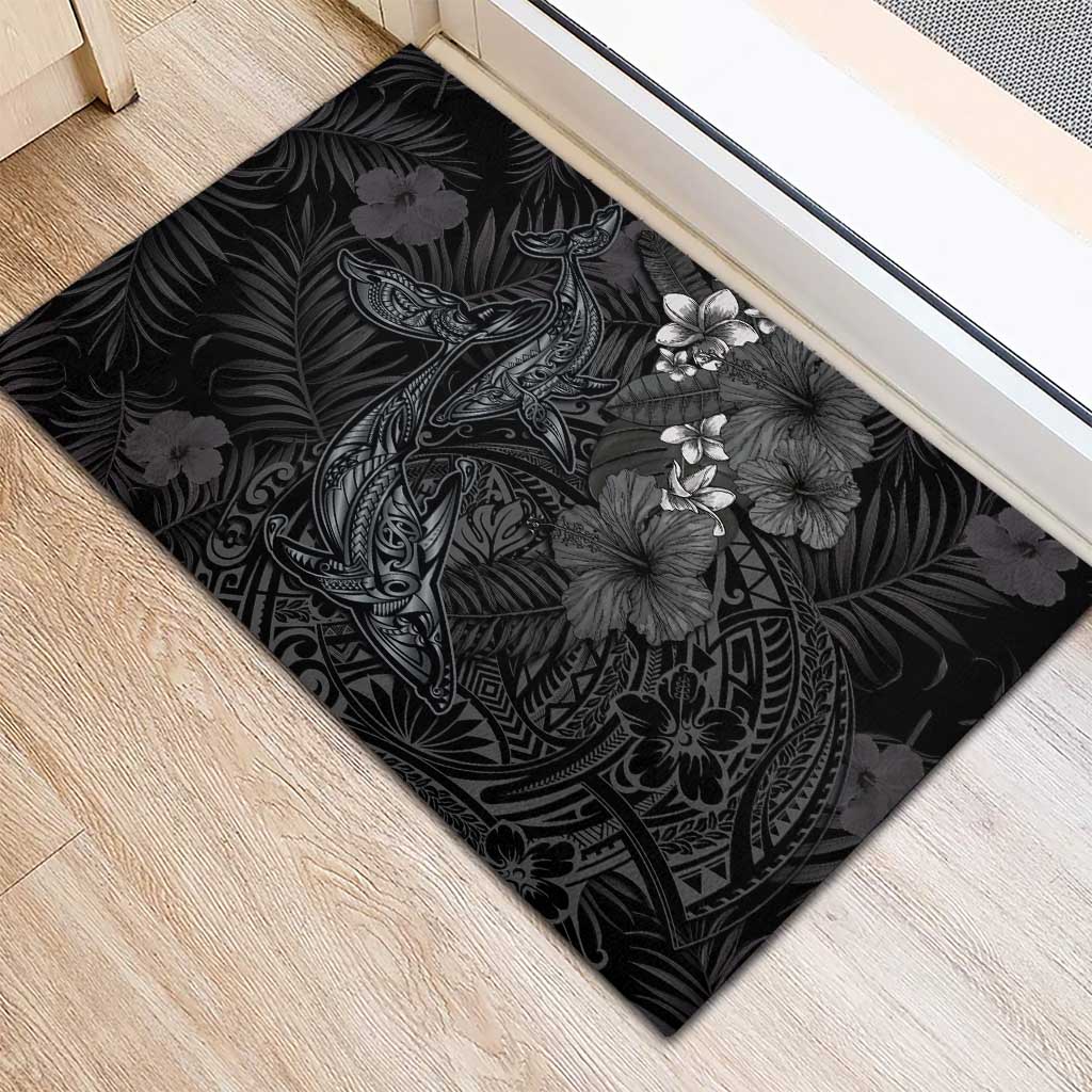 Hawaiian Tropical Plants and Tribal Whales Rubber Doormat Polynesian Art Tattoo Grayscale