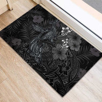 Hawaiian Tropical Plants and Tribal Whales Rubber Doormat Polynesian Art Tattoo Grayscale