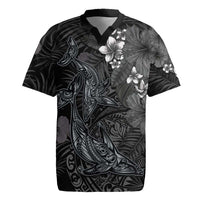 Hawaiian Tropical Plants and Tribal Whales Rugby Jersey Polynesian Art Tattoo Grayscale