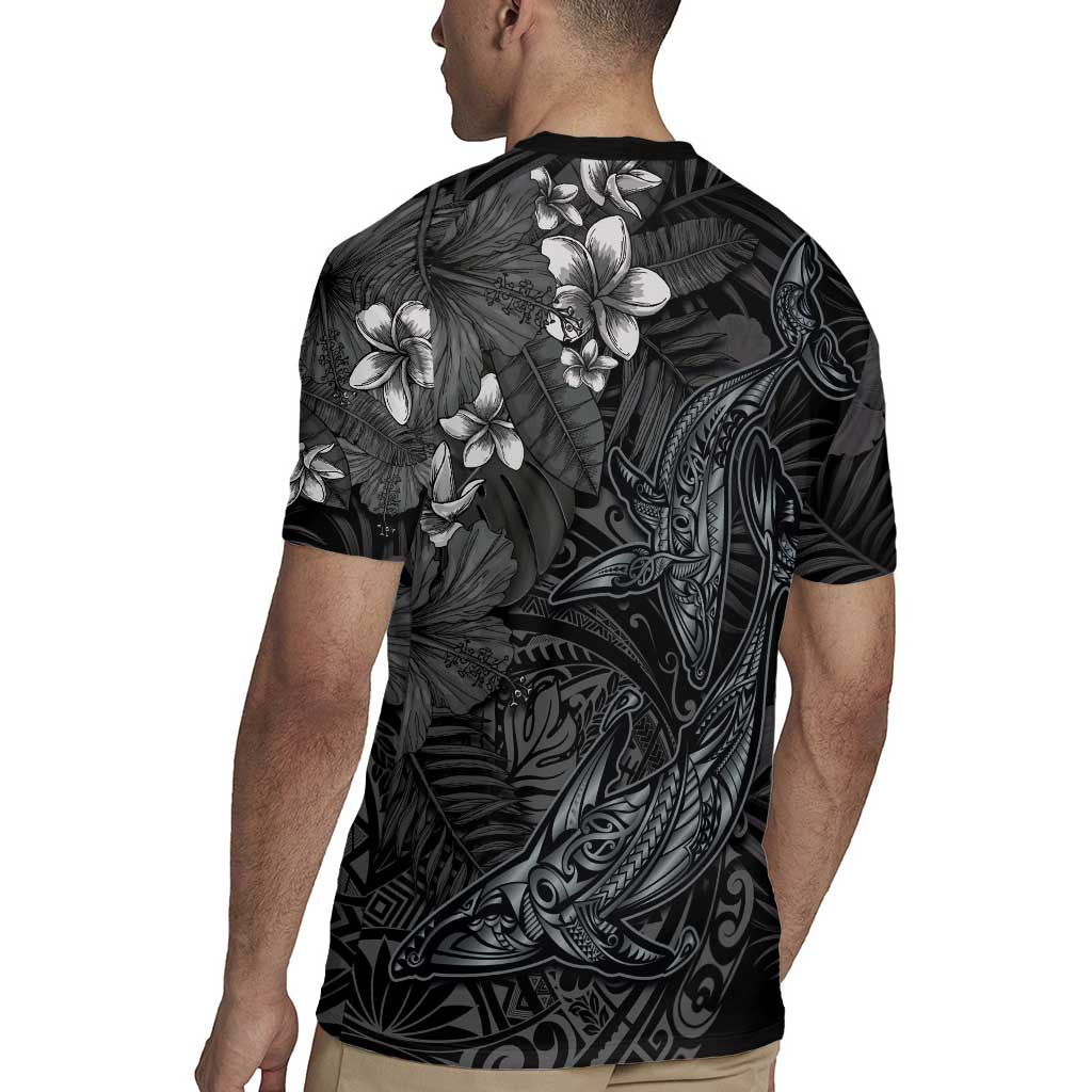 Hawaiian Tropical Plants and Tribal Whales Rugby Jersey Polynesian Art Tattoo Grayscale