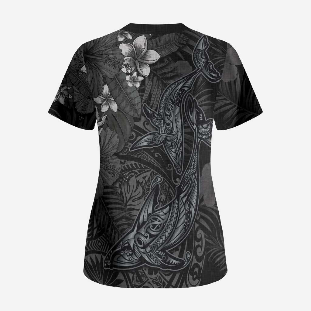 Hawaiian Tropical Plants and Tribal Whales Scrub Top Polynesian Art Tattoo Grayscale