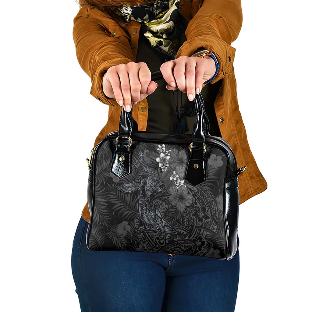 Hawaiian Tropical Plants and Tribal Whales Shoulder Handbag Polynesian Art Tattoo Grayscale