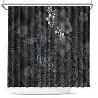 Hawaiian Tropical Plants and Tribal Whales Shower Curtain Polynesian Art Tattoo Grayscale