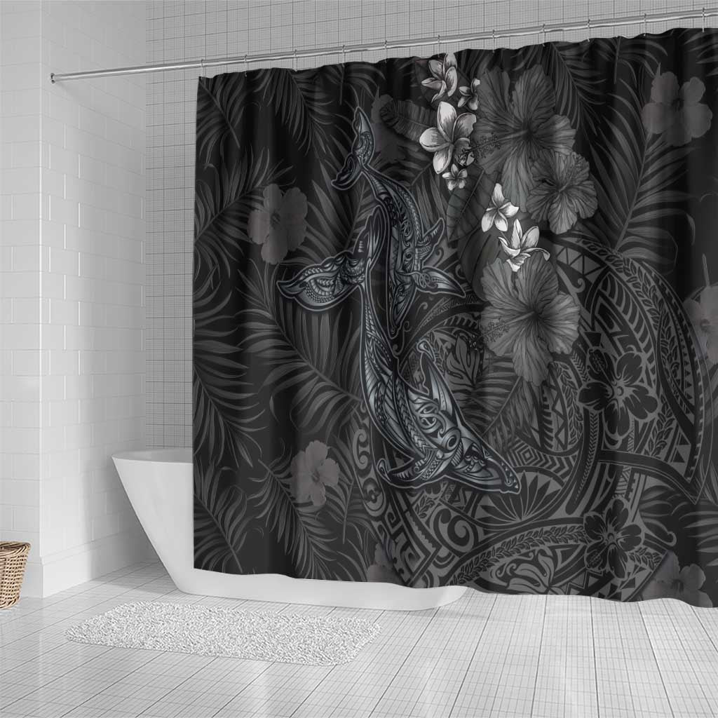 Hawaiian Tropical Plants and Tribal Whales Shower Curtain Polynesian Art Tattoo Grayscale
