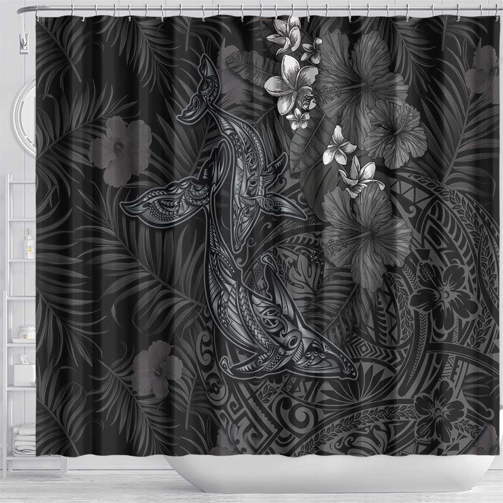 Hawaiian Tropical Plants and Tribal Whales Shower Curtain Polynesian Art Tattoo Grayscale
