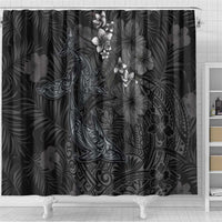 Hawaiian Tropical Plants and Tribal Whales Shower Curtain Polynesian Art Tattoo Grayscale