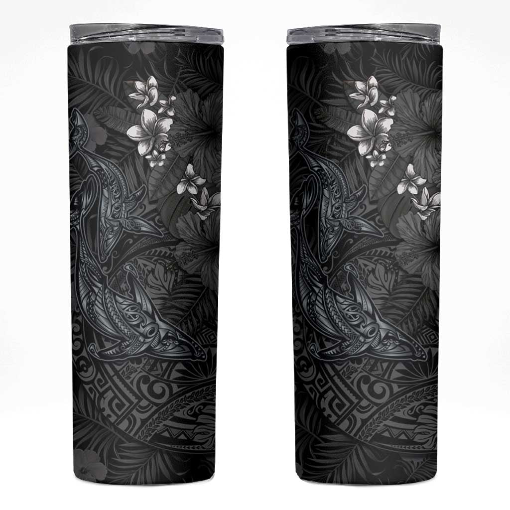 Hawaiian Tropical Plants and Tribal Whales Skinny Tumbler Polynesian Art Tattoo Grayscale LT03 Black - Polynesian Pride