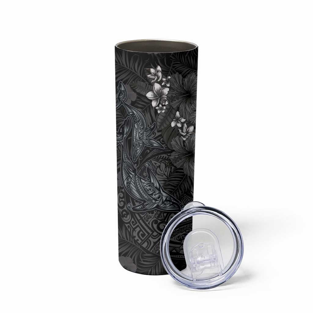 Hawaiian Tropical Plants and Tribal Whales Skinny Tumbler Polynesian Art Tattoo Grayscale LT03 - Polynesian Pride