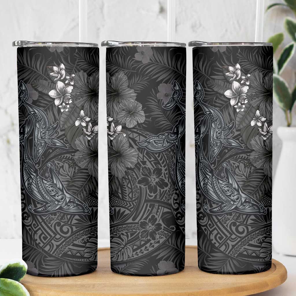 Hawaiian Tropical Plants and Tribal Whales Skinny Tumbler Polynesian Art Tattoo Grayscale LT03 - Polynesian Pride
