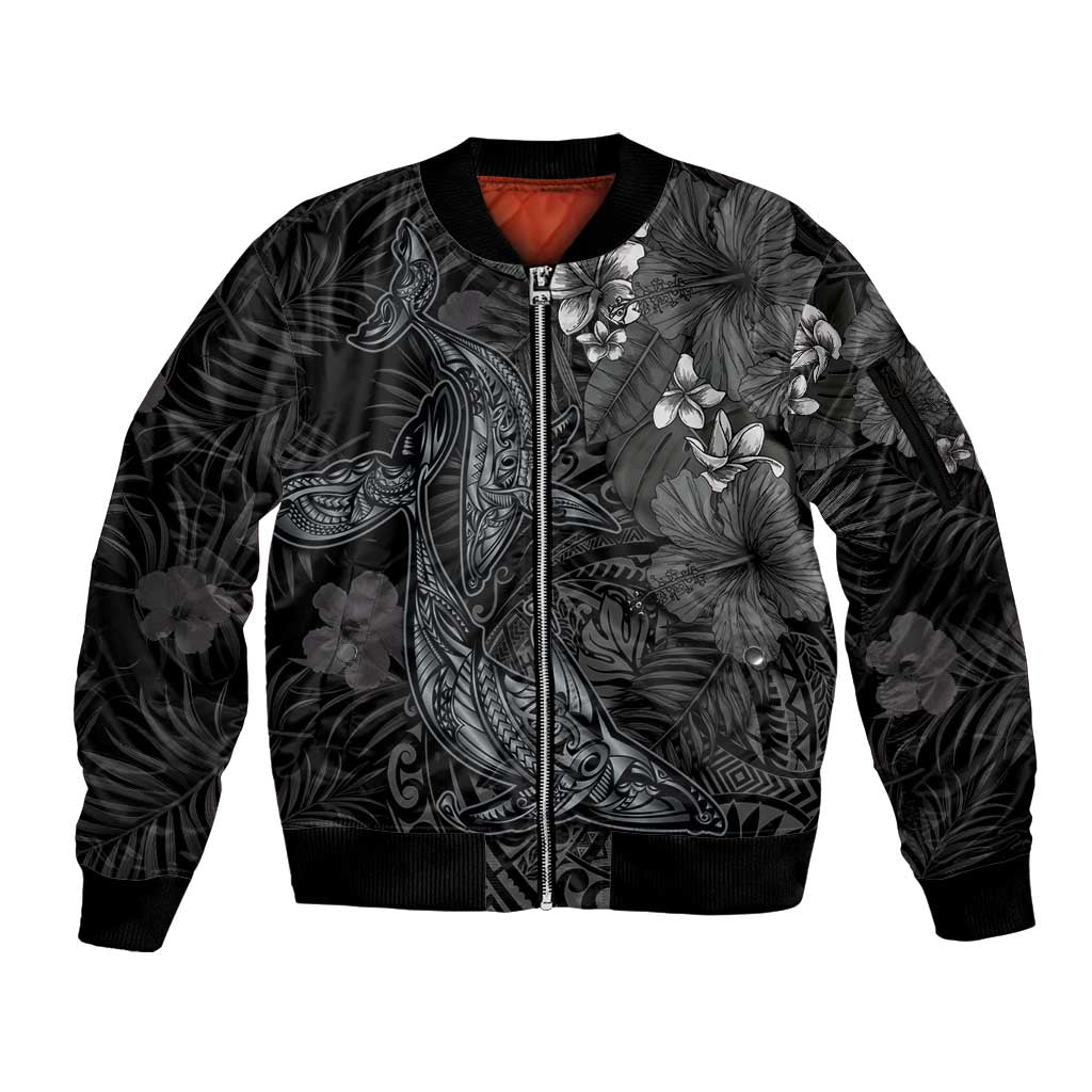 Hawaiian Tropical Plants and Tribal Whales Sleeve Zip Bomber Jacket Polynesian Art Tattoo Grayscale