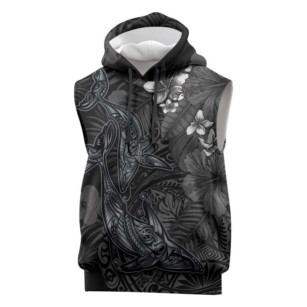 Hawaiian Tropical Plants and Tribal Whales Sleeveless Hoodie Polynesian Art Tattoo Grayscale