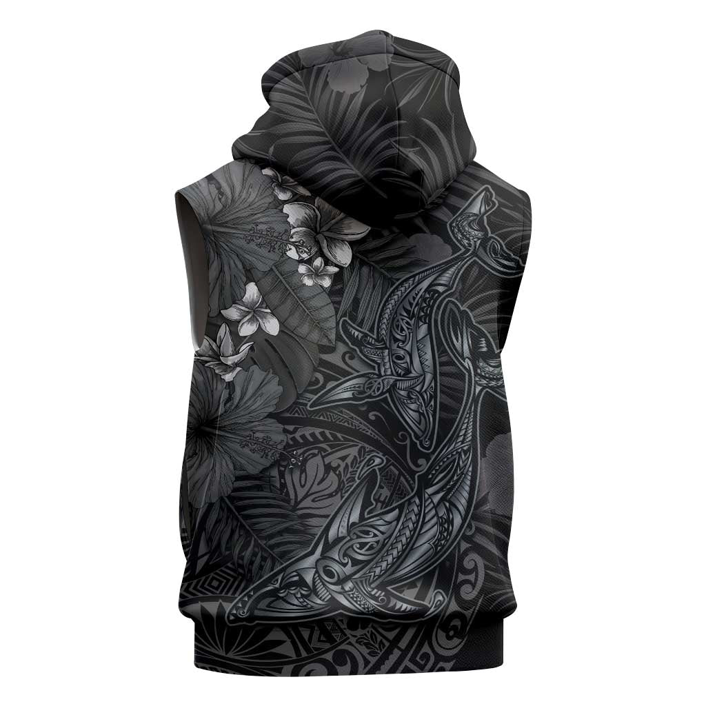 Hawaiian Tropical Plants and Tribal Whales Sleeveless Hoodie Polynesian Art Tattoo Grayscale