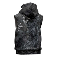 Hawaiian Tropical Plants and Tribal Whales Sleeveless Hoodie Polynesian Art Tattoo Grayscale