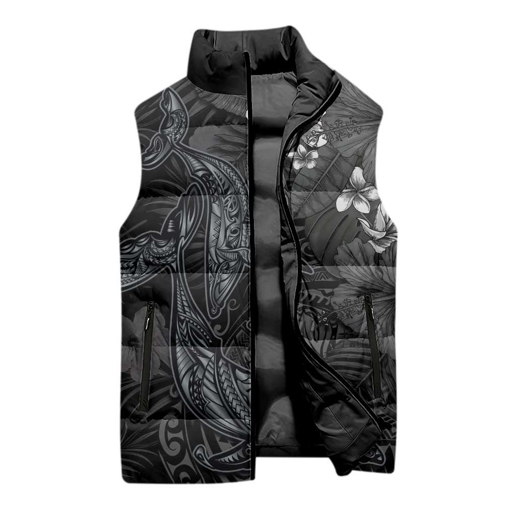 Hawaiian Tropical Plants and Tribal Whales Sleeveless Puffer Jacket Polynesian Art Tattoo Grayscale