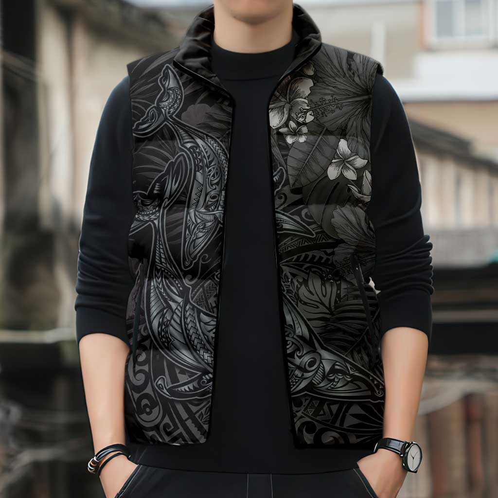 Hawaiian Tropical Plants and Tribal Whales Sleeveless Puffer Jacket Polynesian Art Tattoo Grayscale
