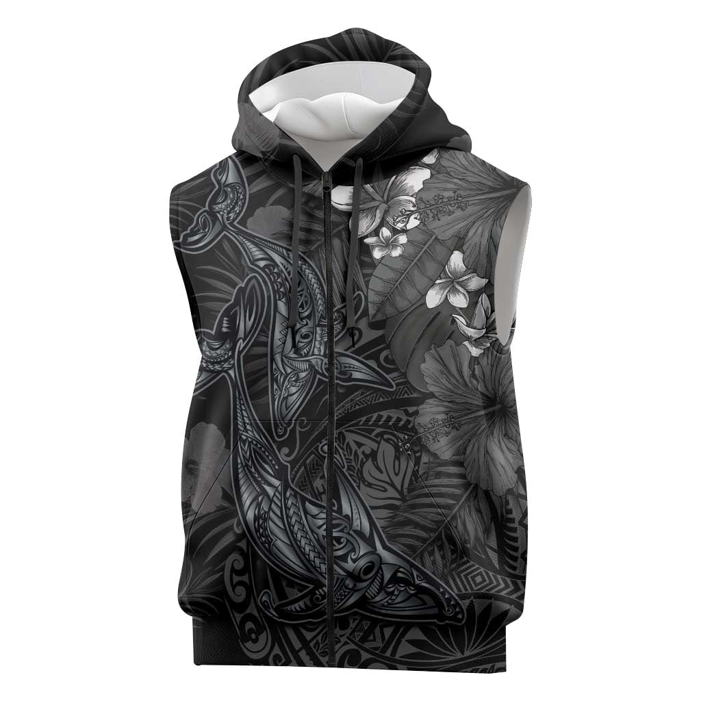 Hawaiian Tropical Plants and Tribal Whales Sleeveless Zip Hoodie Polynesian Art Tattoo Grayscale