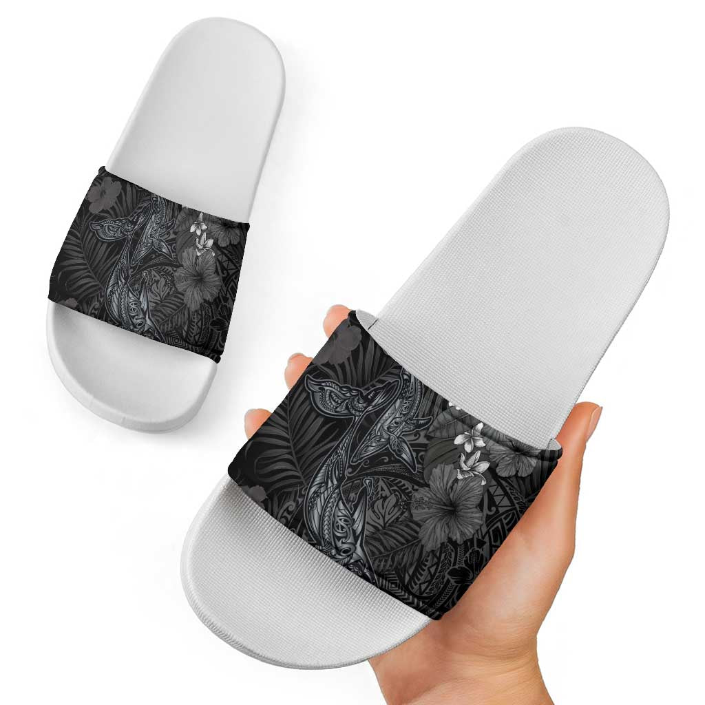 Hawaiian Tropical Plants and Tribal Whales Slide Sandals Polynesian Art Tattoo Grayscale LT03 - Polynesian Pride
