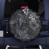 Hawaiian Tropical Plants and Tribal Whales Spare Tire Cover Polynesian Art Tattoo Grayscale