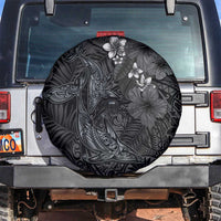 Hawaiian Tropical Plants and Tribal Whales Spare Tire Cover Polynesian Art Tattoo Grayscale