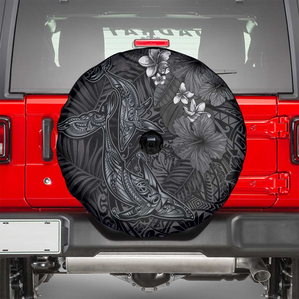 Hawaiian Tropical Plants and Tribal Whales Spare Tire Cover Polynesian Art Tattoo Grayscale