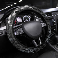 Hawaiian Tropical Plants and Tribal Whales Steering Wheel Cover Polynesian Art Tattoo Grayscale