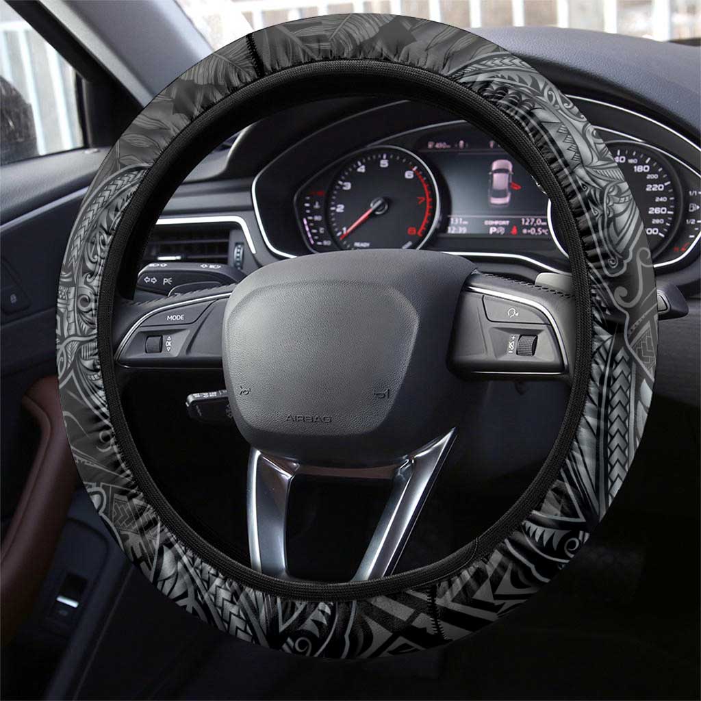 Hawaiian Tropical Plants and Tribal Whales Steering Wheel Cover Polynesian Art Tattoo Grayscale