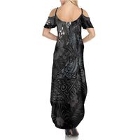 Hawaiian Tropical Plants and Tribal Whales Summer Maxi Dress Polynesian Art Tattoo Grayscale