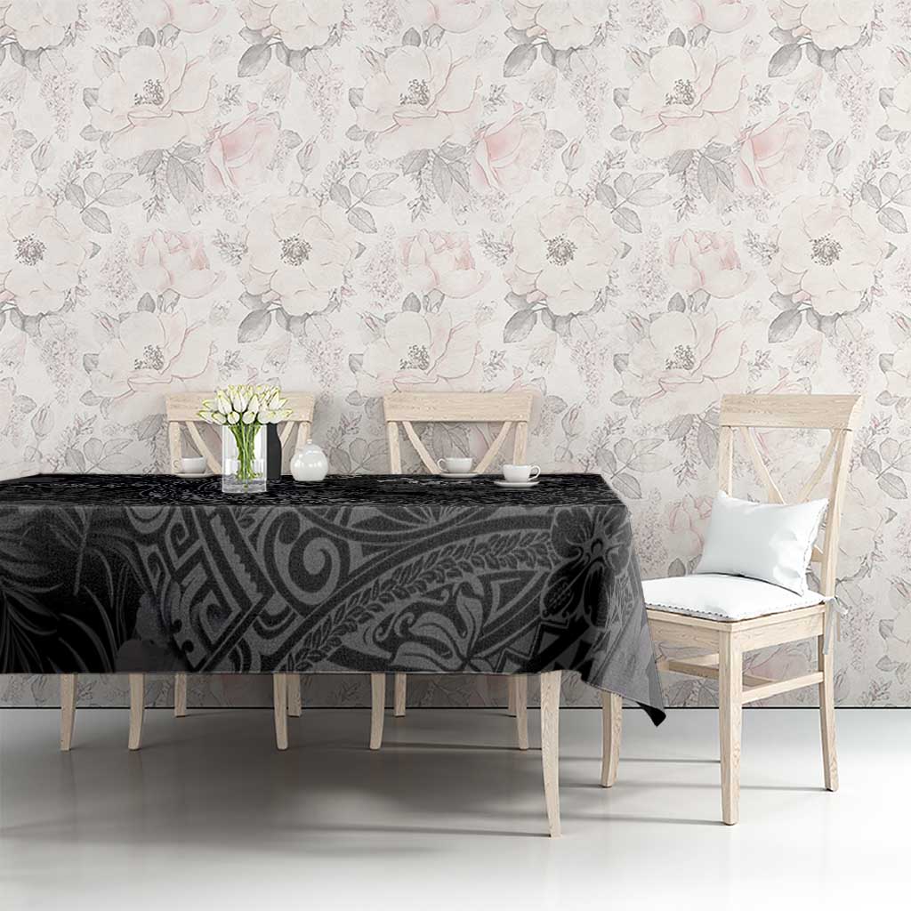 Hawaiian Tropical Plants and Tribal Whales Tablecloth Polynesian Art Tattoo Grayscale