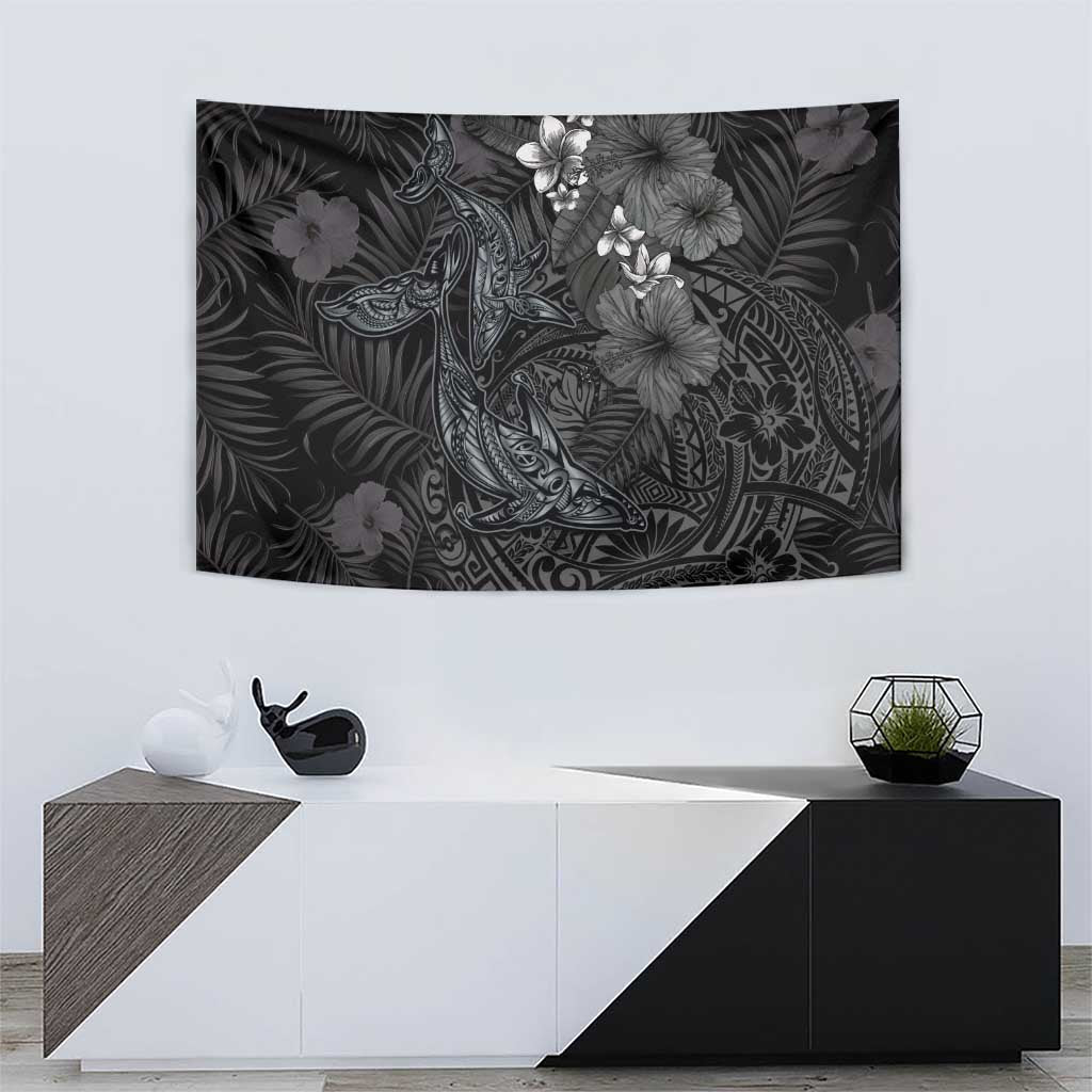 Hawaiian Tropical Plants and Tribal Whales Tapestry Polynesian Art Tattoo Grayscale